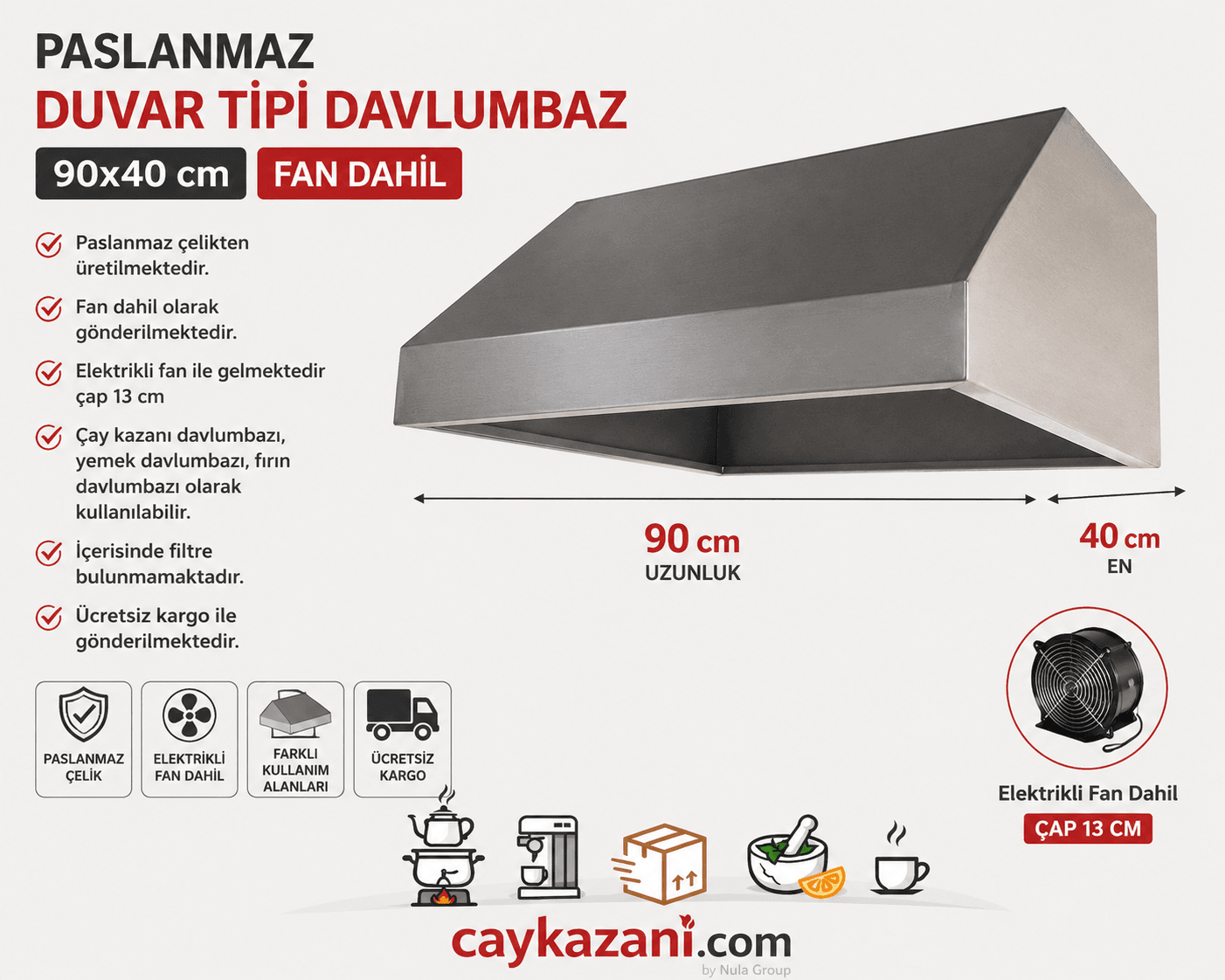 90x40 Paslanmaz Duvar Tipi Davlumbaz – Elektrikli Fan Dahil